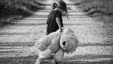 Девочка несет игрушку льва по дороге
