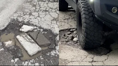 Разбитая дорога и машина наезжает на яму