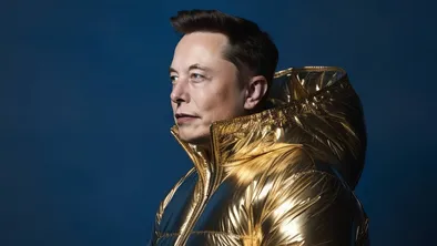Илон Маск на синем фоне в золотом пуховике