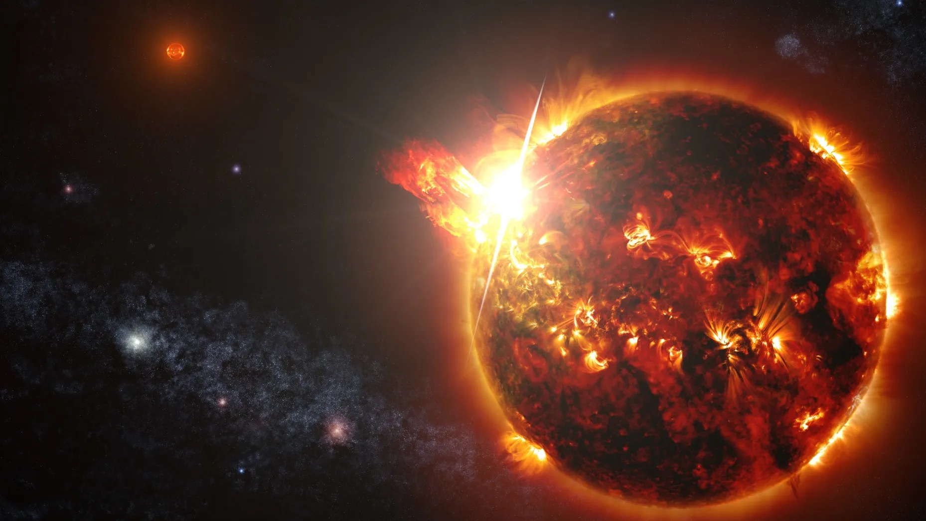 Мощная вспышка на Солнце с протуберанцем на фоне космоса фото на taspanews.kz от 28 мая 2024 09:09