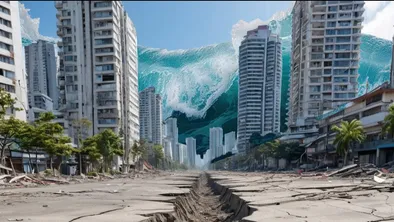 Последствия мощного землетрясения и надвигающееся цунами