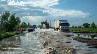 Грузовики едут по затопленной дороге