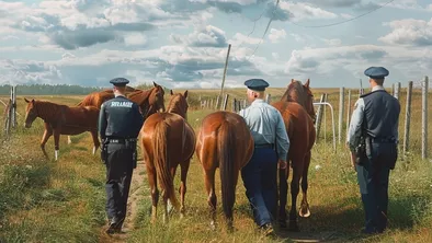 Полиция на поле с лошадями со спины