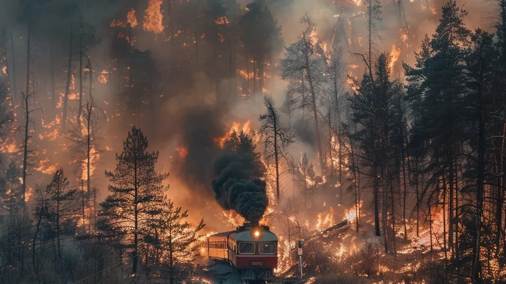 Поезд проехал через горящий лес в Бурятии. фото на taspanews.kz от 03 июня 2024 12:36