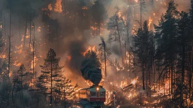 Поезд проехал через горящий лес в Бурятии.