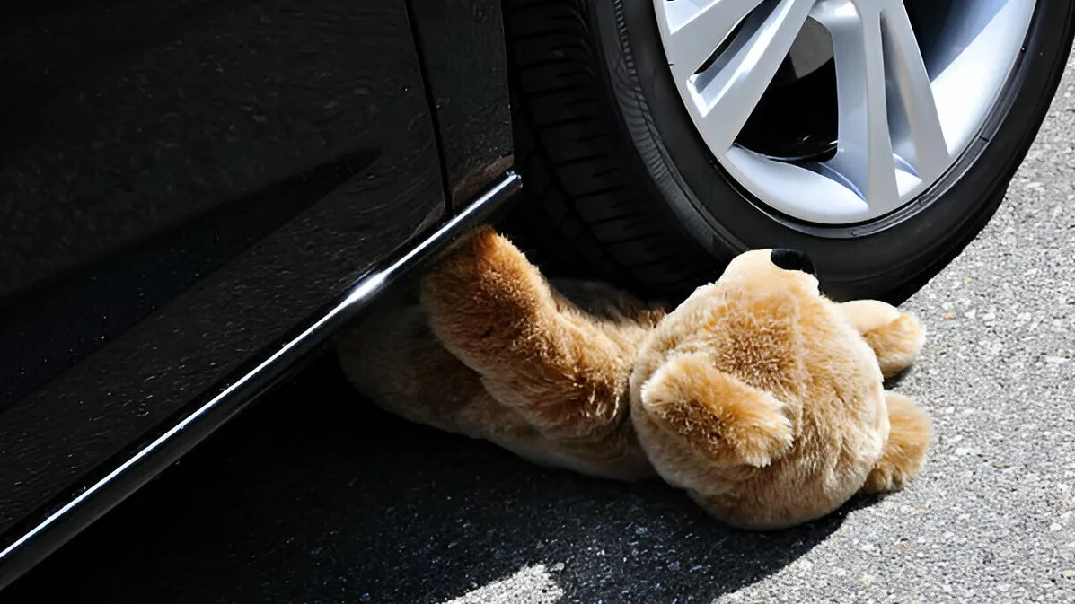 плюшевый мишка под колесом автомобиля фото на taspanews.kz от 03 июня 2024 15:51