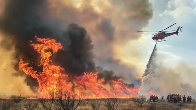 Спасатели тушат горящую траву с вертолета
