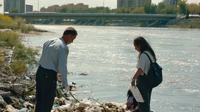 Полиция и мусор на берегу реки