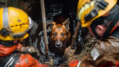 Спасатели вытаскивают собаку из колодца