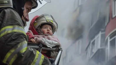 Пожарный выносит ребенка из горящей квартиры
