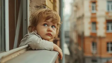 ребенок смотрит из окна