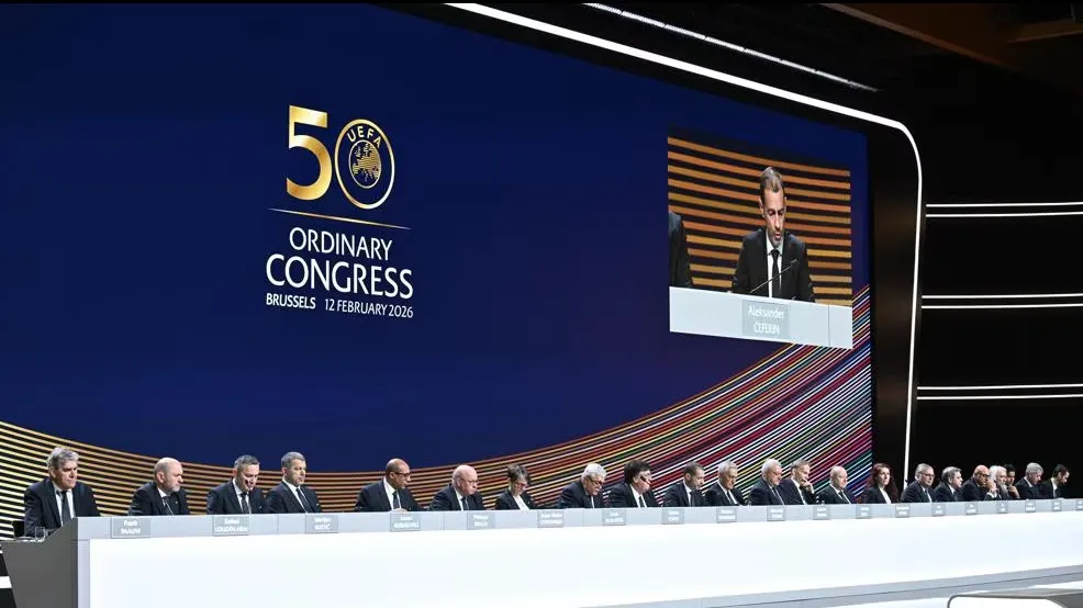 делегаты 50-го Конгресса УЕФА в Брюсселе 12 февраля 2026 года фото на taspanews.kz от 13 февраля 2026 09:38