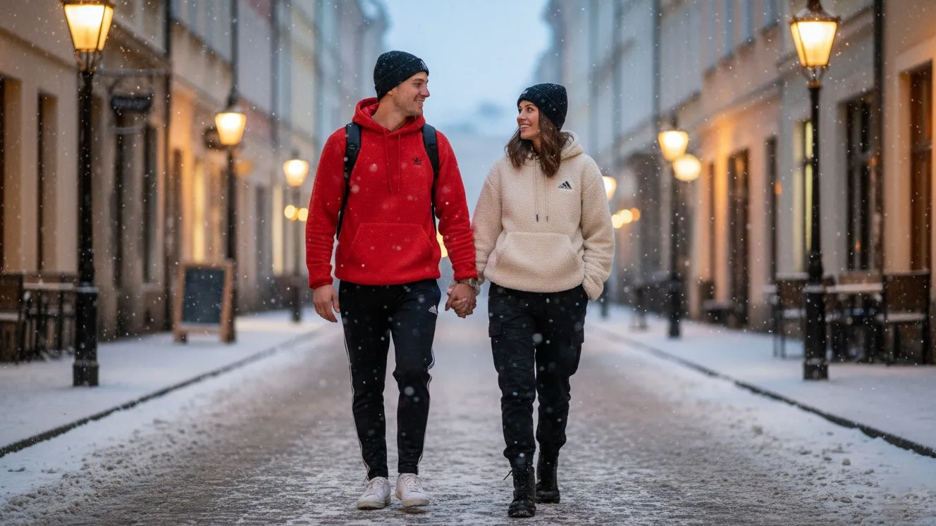 Парень и девушка идут взявшись за руки в красном и бежевом худи от фирмы адидас фото на taspanews.kz от 13 февраля 2026 10:18