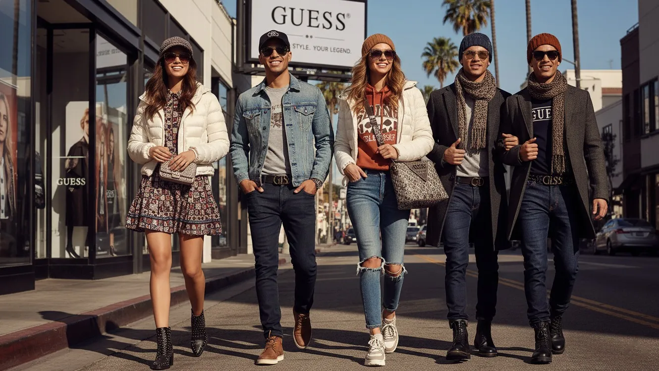 5 молодых людей идут по улице рядом с вывеской бренда GUESS фото на taspanews.kz от 22 мая 2026 14:48