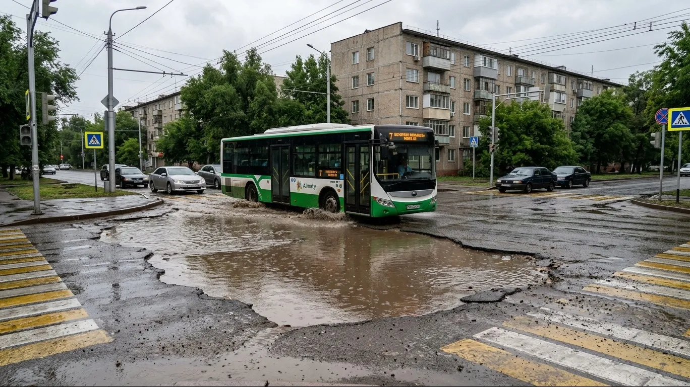 Участок дороги просел после дождя на Момышулы в Алматы