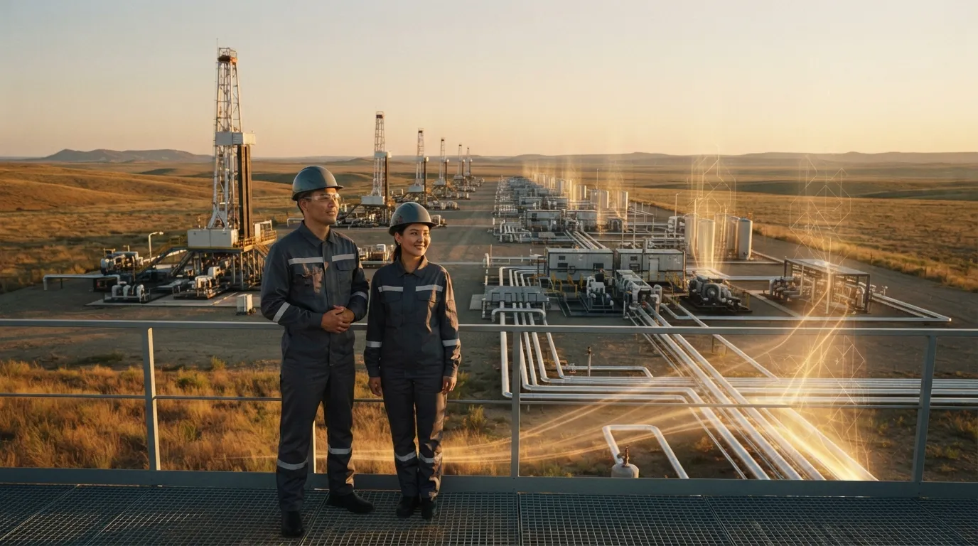 Масштабный кинематографичный кадр современного автоматизированного нефтедобывающего объекта на фоне бескрайних степей Мангистау. На переднем плане два уверенных казахских специалиста в чистой современной спецодежде смотрят вдаль с достоинством и интересом. Инфраструктура выстроена в глубокой перспективе, создавая ощущение величия и будущего. От промышленных узлов вверх направляются мягкие световые лучи и абстрактные геометрические контуры, визуально передающие мощь технологий и кратный рост производства без отсылки к цифрам или документам. Стиль: реалистичная редакционная фотография, естественное освещение золотого часа, акцент на национальной инженерной гордости.